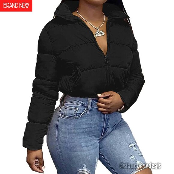 Cropped Quilted Jacket Lightweight Winter Coat Full Zipper Drawstring